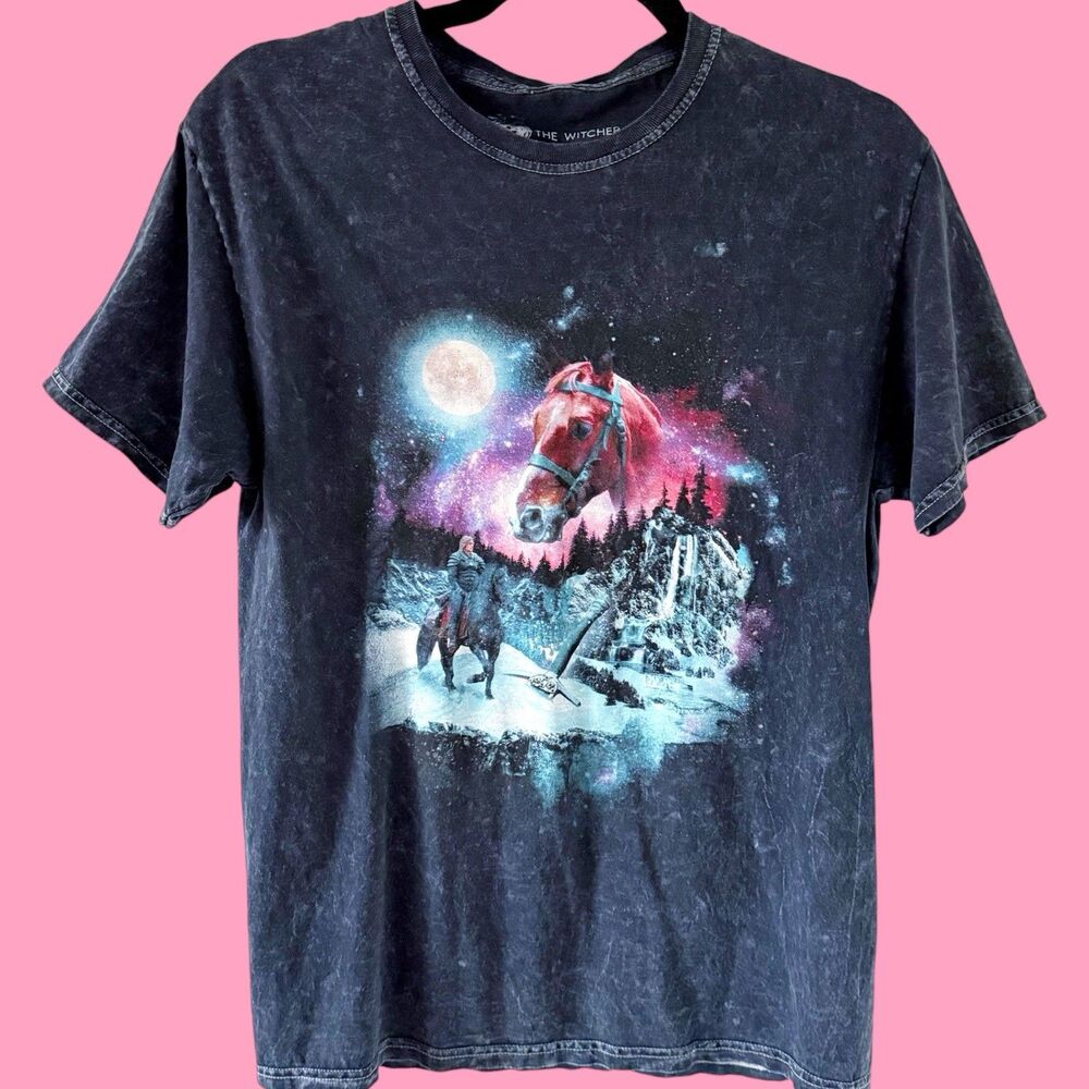 The Witcher Game Show Graphic Tee Shirt M Black Acid Wash Horse Moon Fantasy Art